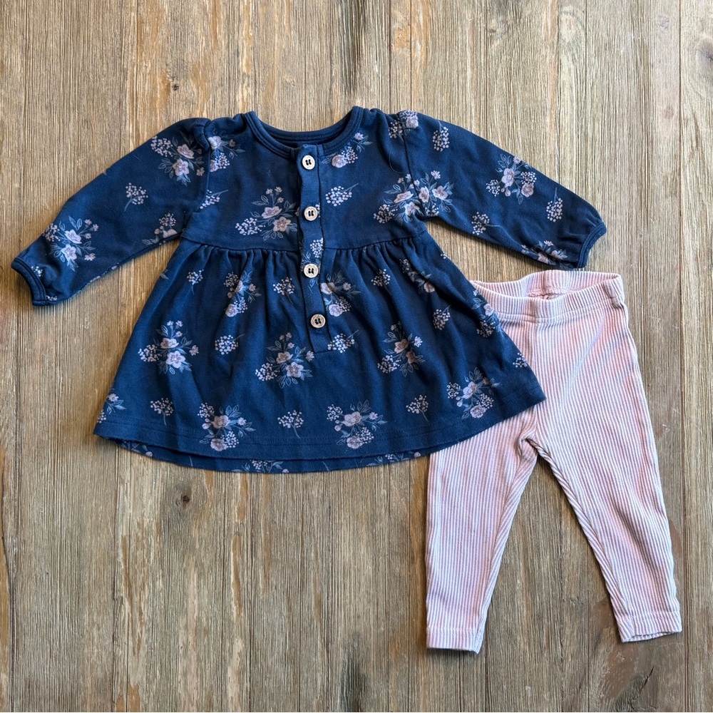 City Mouse Floral Navy Dress Buttons with Pink Ribbed Leggings 6-9M